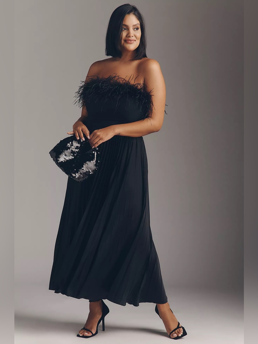 Hutch Strapless Feather-Trim Pleated Black Maxi Dress